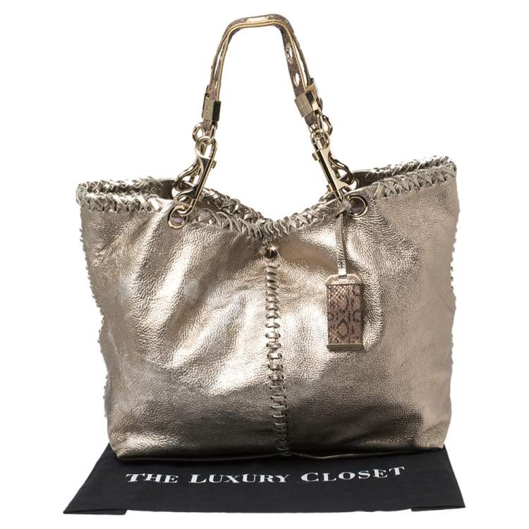 Pre Owned Jimmy Choo Metallic Leather and Snakeskin Trim Whipstitch Tote