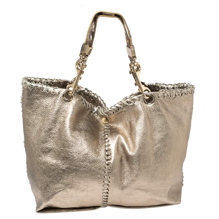 Pre Owned Jimmy Choo Metallic Leather and Snakeskin Trim Whipstitch Tote