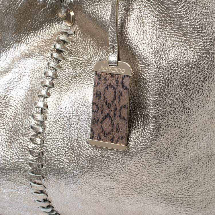Pre Owned Jimmy Choo Metallic Leather and Snakeskin Trim Whipstitch Tote