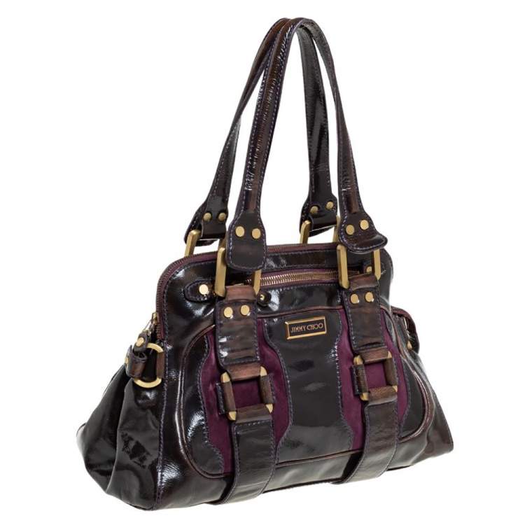 Pre Owned Jimmy Choo Dark Brown/Purple Patent Leather and Suede Malena Satchel
