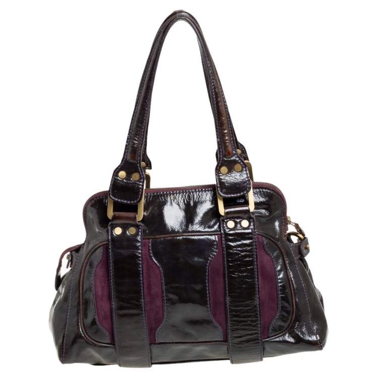 Pre Owned Jimmy Choo Dark Brown/Purple Patent Leather and Suede Malena Satchel