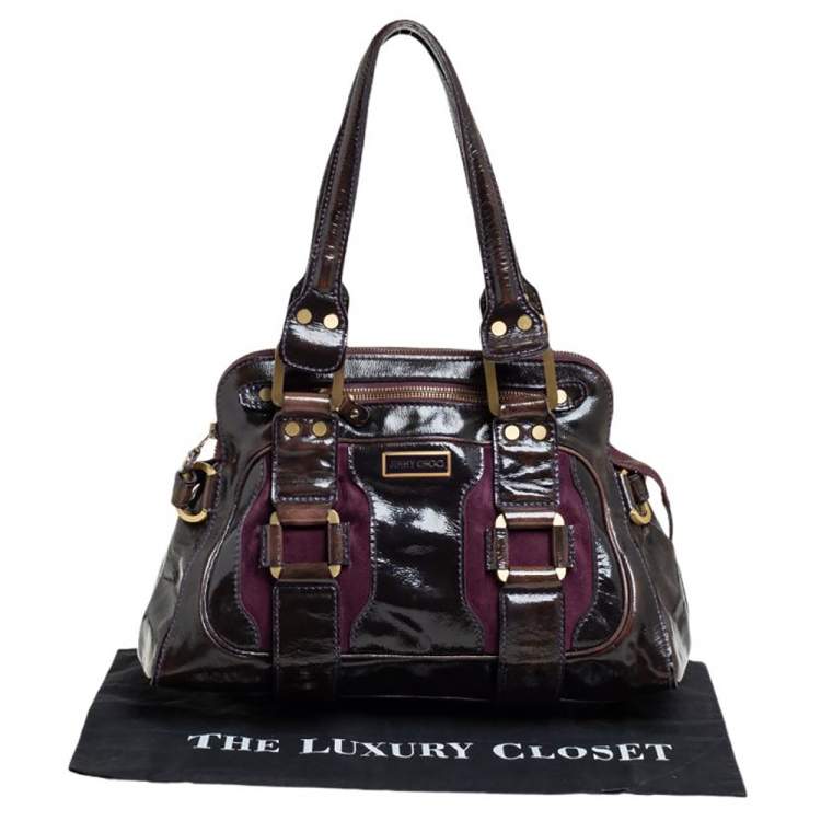 Pre Owned Jimmy Choo Dark Brown/Purple Patent Leather and Suede Malena Satchel