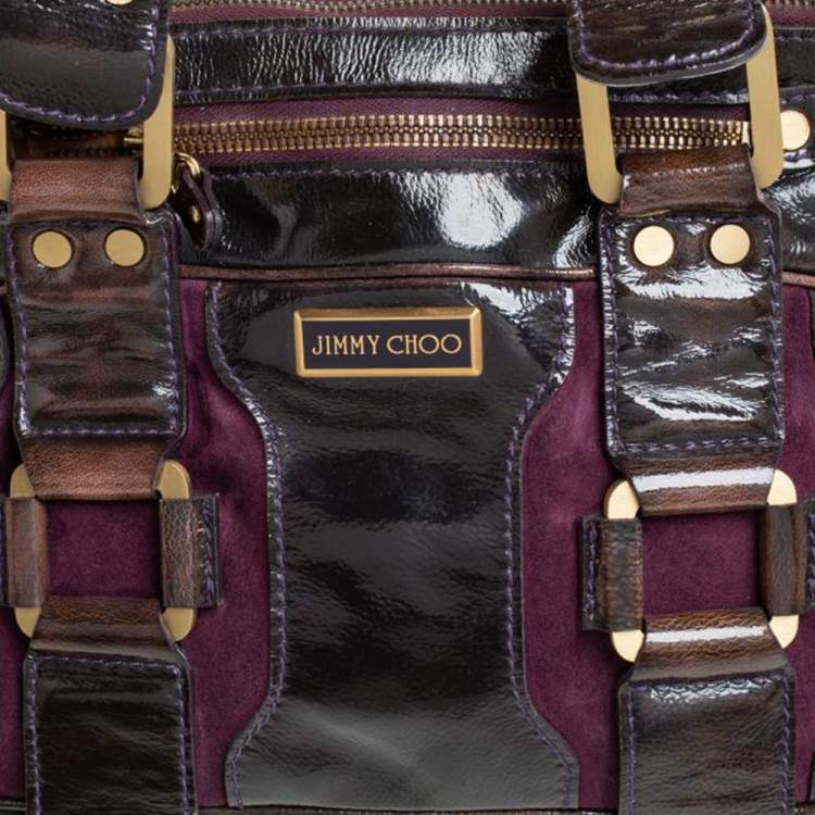 Pre Owned Jimmy Choo Dark Brown/Purple Patent Leather and Suede Malena Satchel