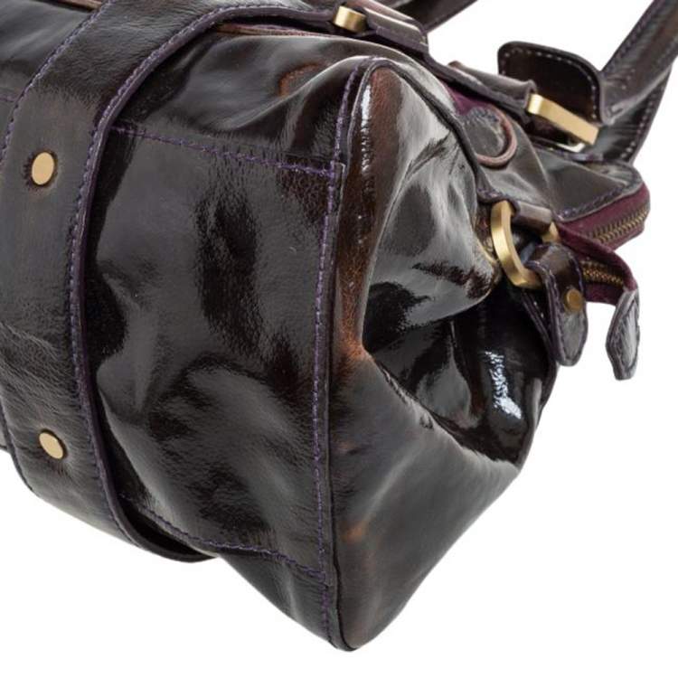 Pre Owned Jimmy Choo Dark Brown/Purple Patent Leather and Suede Malena Satchel