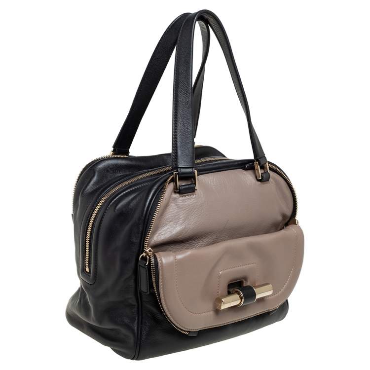 Pre Owned Jimmy Choo Black/Beige Leather Justine Satchel
