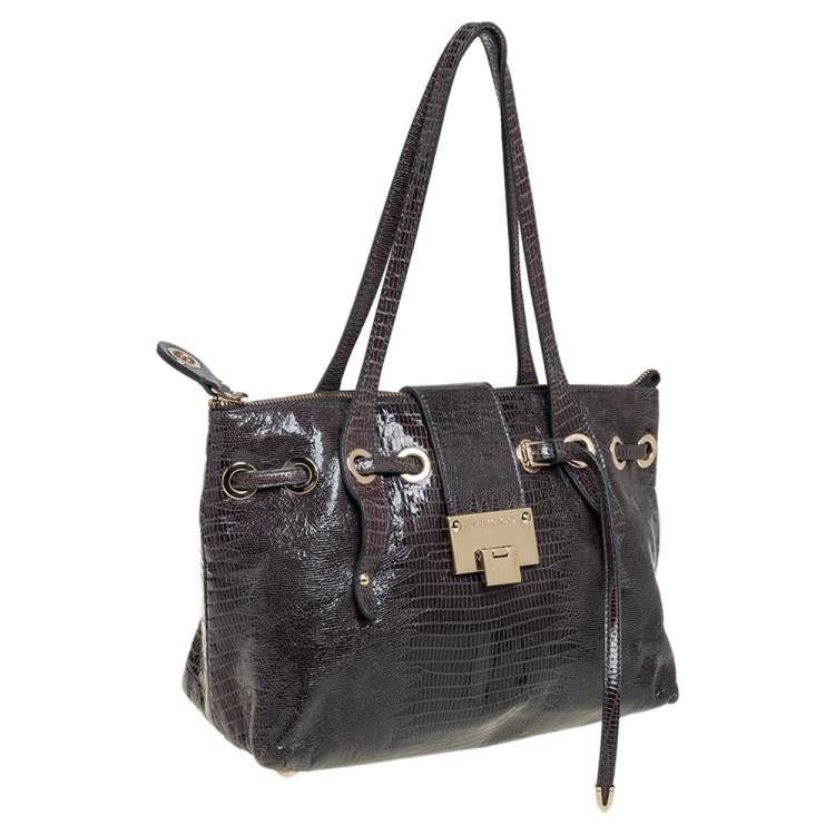 Pre Owned Jimmy Choo Metallic Grey Snakeskin Embossed Leather Rhea Tote