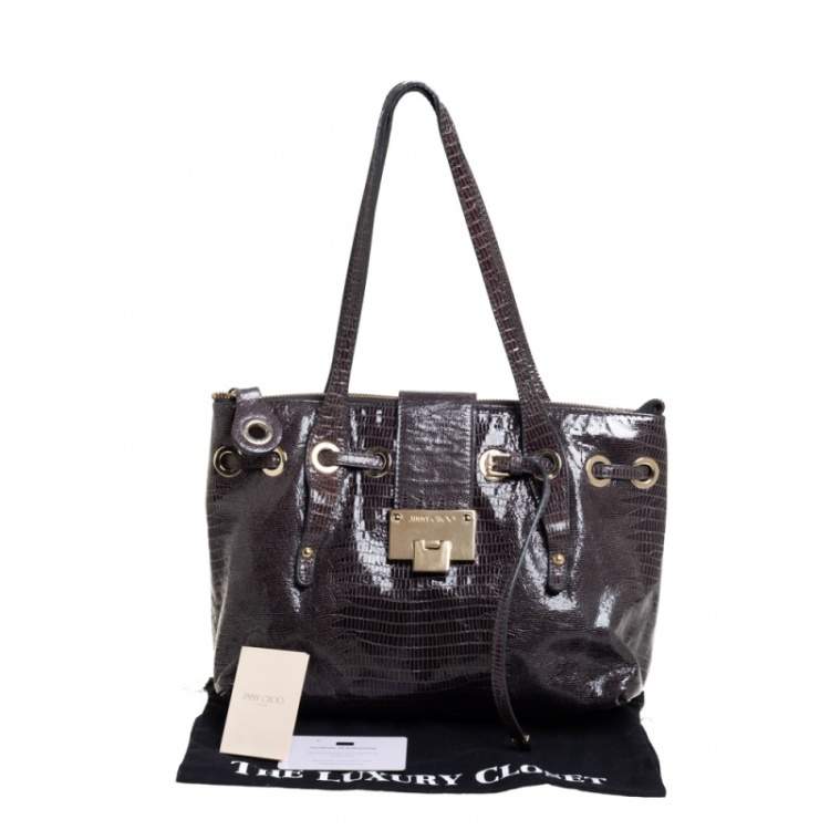 Pre Owned Jimmy Choo Metallic Grey Snakeskin Embossed Leather Rhea Tote