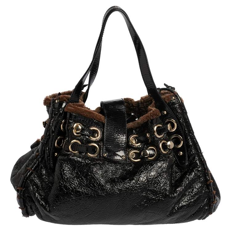 مملوكة مسبقًا Jimmy Choo Black/Brown  Patent Leather and Shearling Ramona Shoulder Bag