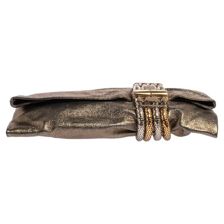 Pre Owned Jimmy Choo Gold Shimmery Leather Chandra Clutch