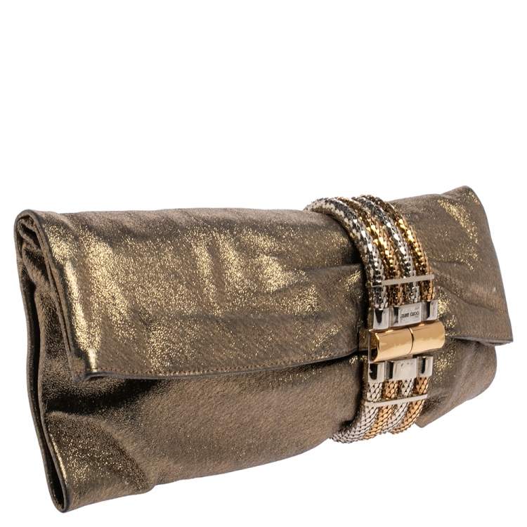 Pre Owned Jimmy Choo Gold Shimmery Leather Chandra Clutch