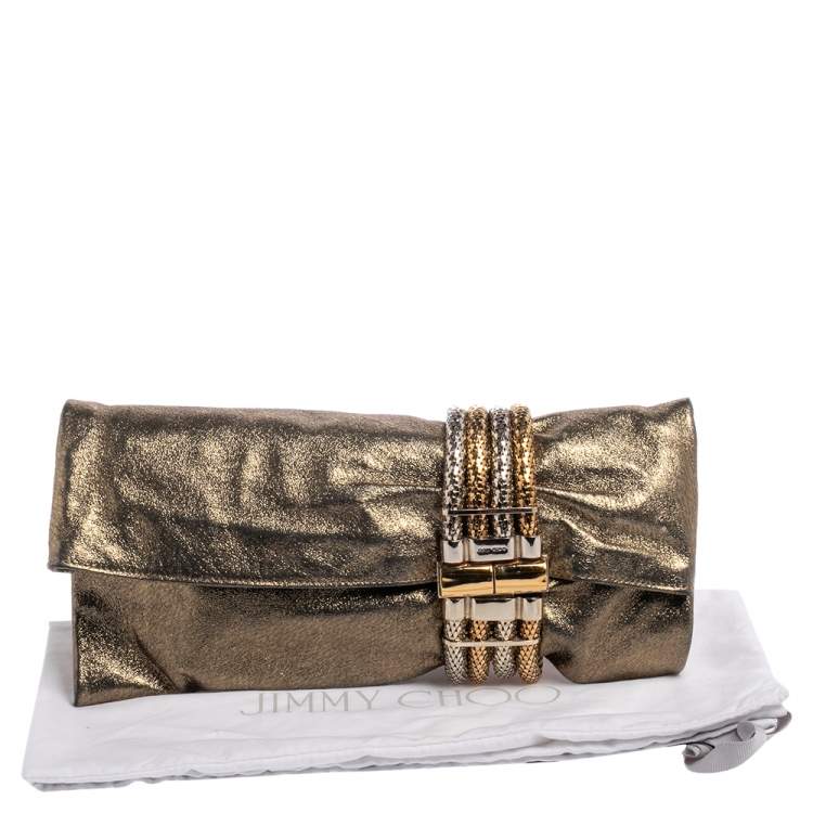 Pre Owned Jimmy Choo Gold Shimmery Leather Chandra Clutch