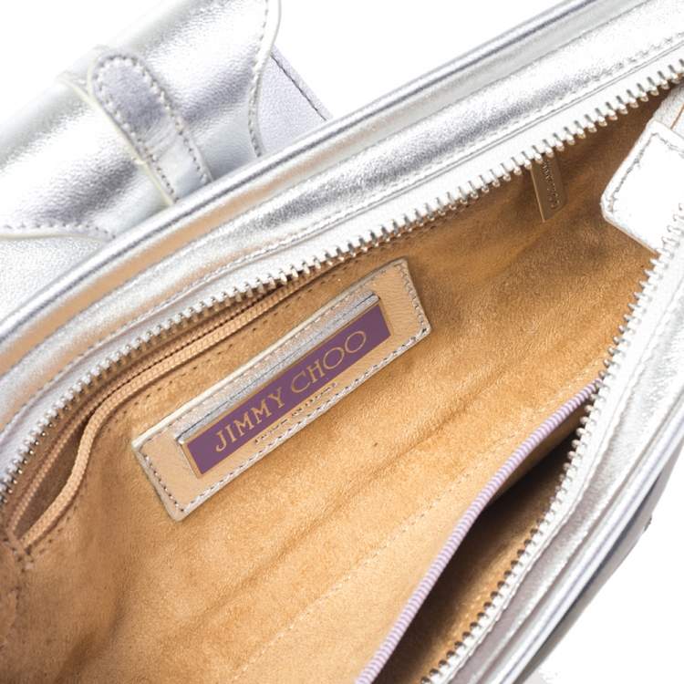 Pre Owned Jimmy Choo Metallic Silver Leather Tulita Wristlet Clutch