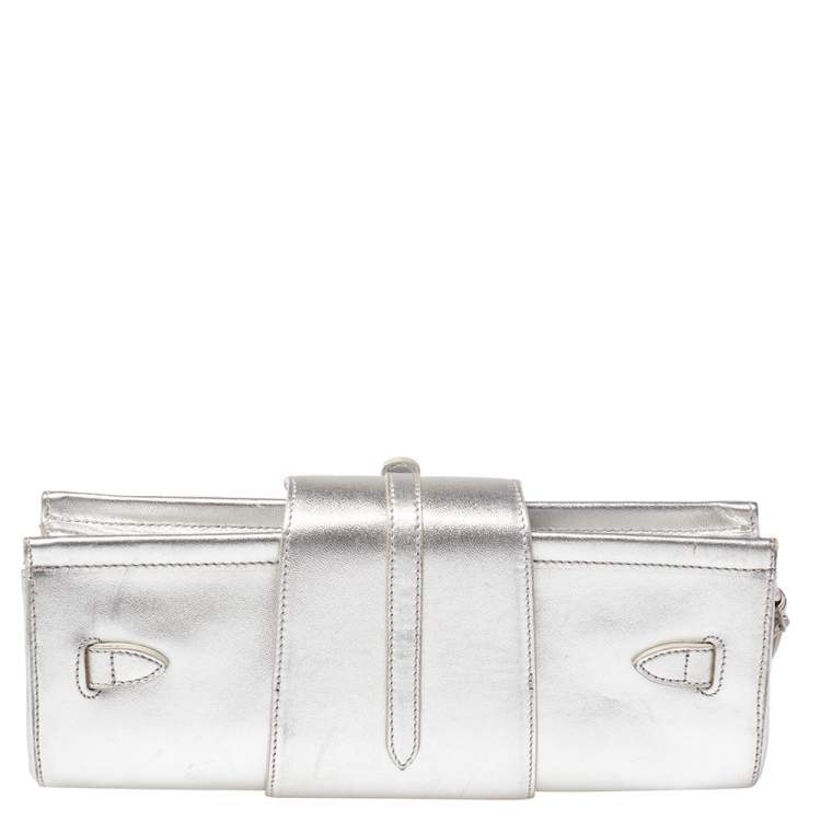 Pre Owned Jimmy Choo Metallic Silver Leather Tulita Wristlet Clutch