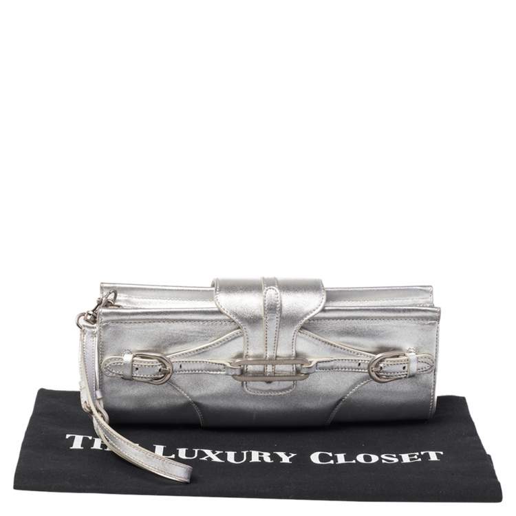 Pre Owned Jimmy Choo Metallic Silver Leather Tulita Wristlet Clutch