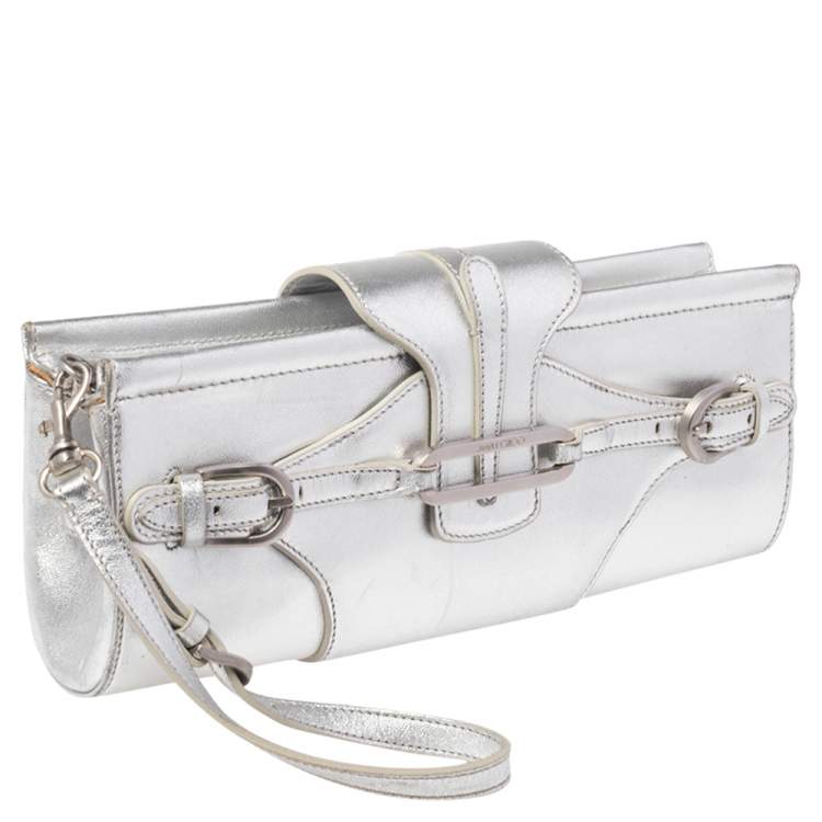 Pre Owned Jimmy Choo Metallic Silver Leather Tulita Wristlet Clutch