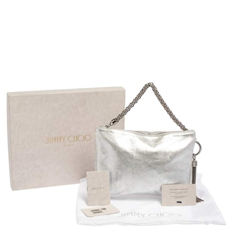 Pre Owned Jimmy Choo Metallic Silver Leather Callie Tassel Clutch