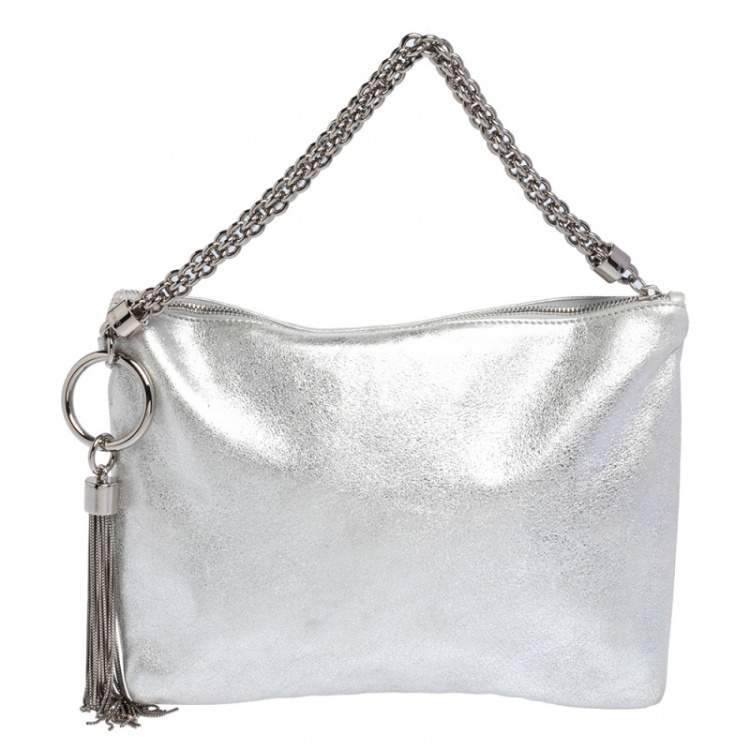 Pre Owned Jimmy Choo Metallic Silver Leather Callie Tassel Clutch