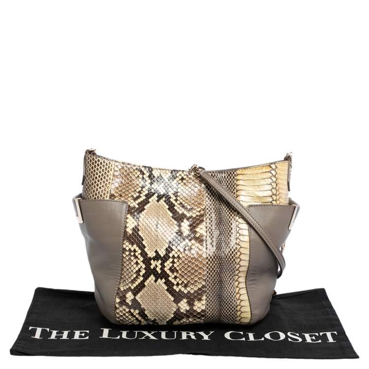 Pre Owned Jimmy Choo Grey/Cream Python and Leather Side Pocket Chain Shoulder Bag