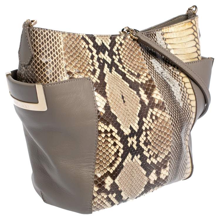 Pre Owned Jimmy Choo Grey/Cream Python and Leather Side Pocket Chain Shoulder Bag