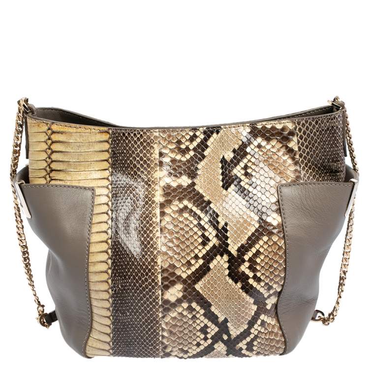 Pre Owned Jimmy Choo Grey/Cream Python and Leather Side Pocket Chain Shoulder Bag