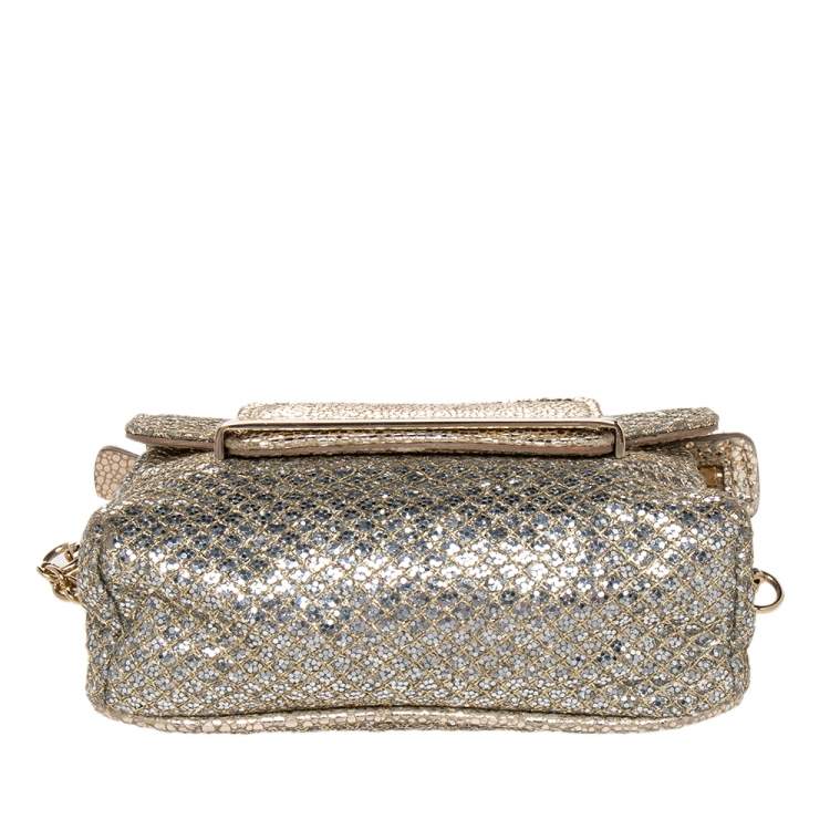 Pre Owned Jimmy Choo Gold Glitter And Metallic Leather Caro Chain Bag