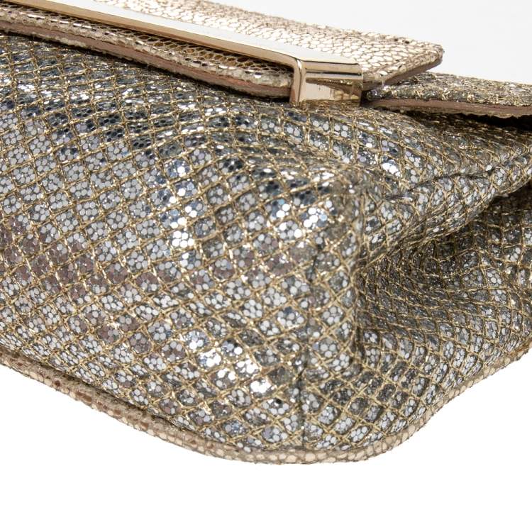 Pre Owned Jimmy Choo Gold Glitter And Metallic Leather Caro Chain Bag
