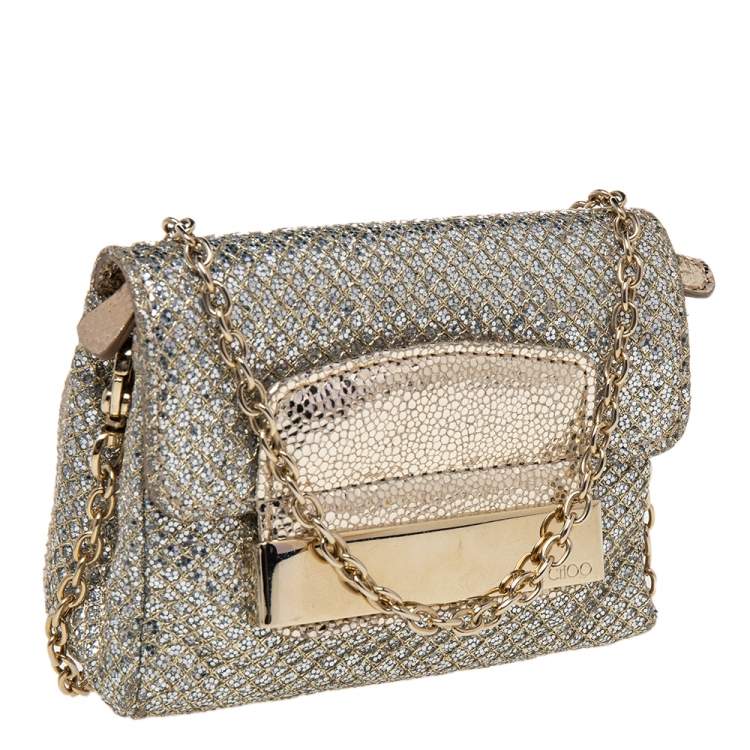 Pre Owned Jimmy Choo Gold Glitter And Metallic Leather Caro Chain Bag