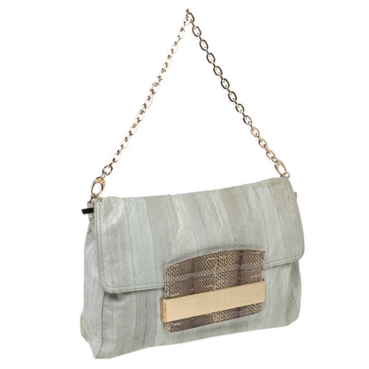 Pre Owned Jimmy Choo Light Grey/Brown Eel And Python Leather Carolina Shoulder Bag