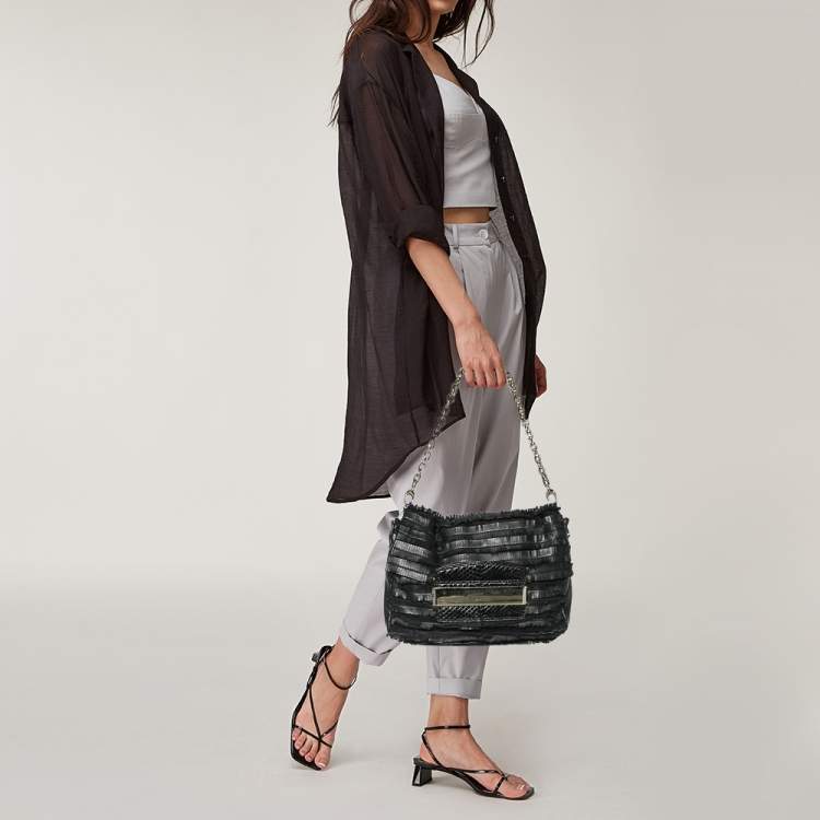 Pre Owned Jimmy Choo Black Python Leather and Suede Carolina Fringe Shoulder Bag
