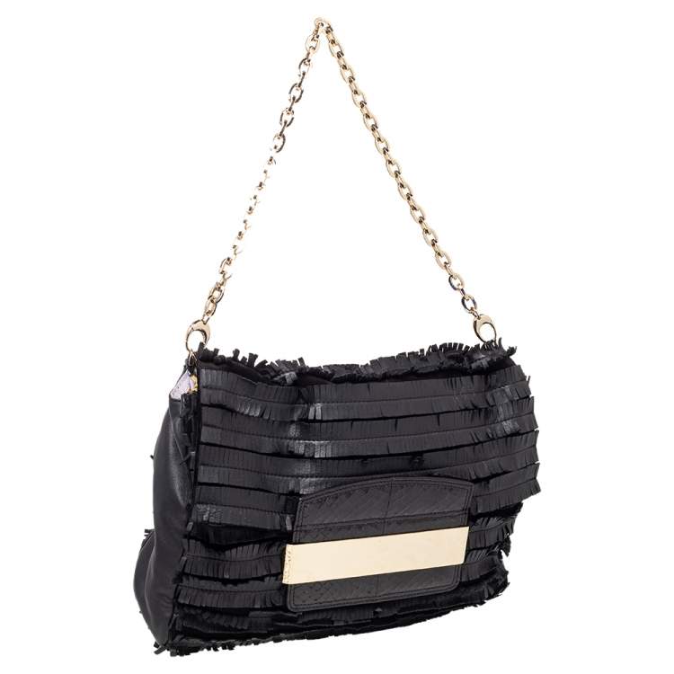 Pre Owned Jimmy Choo Black Python Leather and Suede Carolina Fringe Shoulder Bag