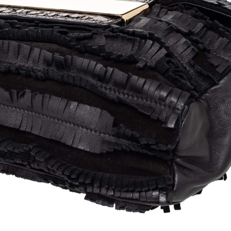 Pre Owned Jimmy Choo Black Python Leather and Suede Carolina Fringe Shoulder Bag