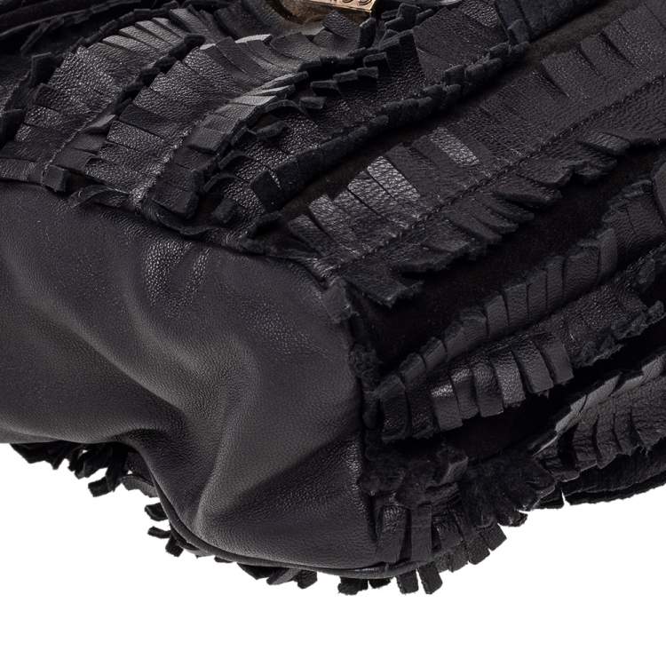 Pre Owned Jimmy Choo Black Python Leather and Suede Carolina Fringe Shoulder Bag