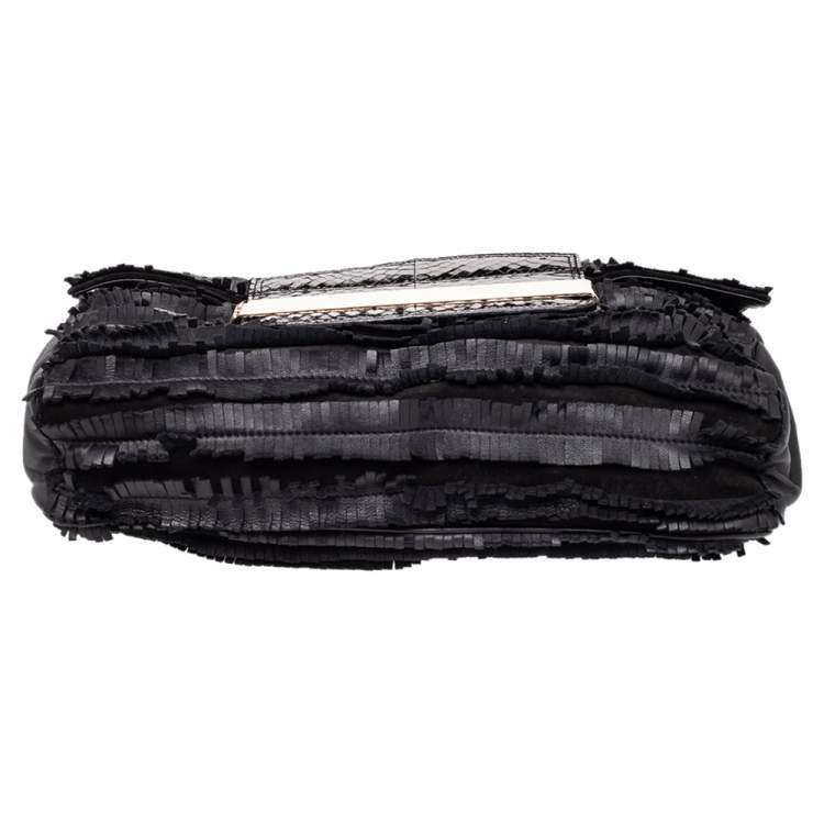 Pre Owned Jimmy Choo Black Python Leather and Suede Carolina Fringe Shoulder Bag