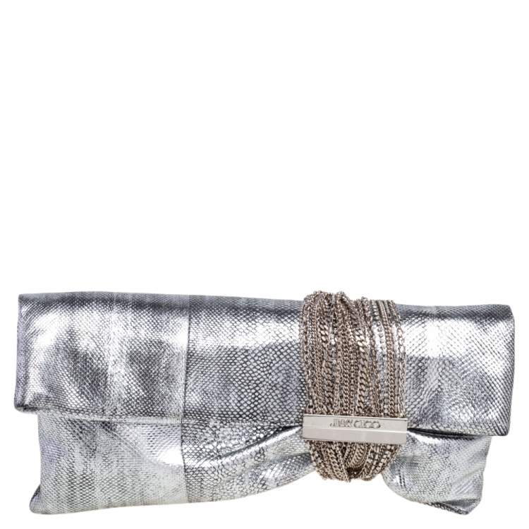 Pre Owned Jimmy Choo Silver Snakeskin Chandra Clutch