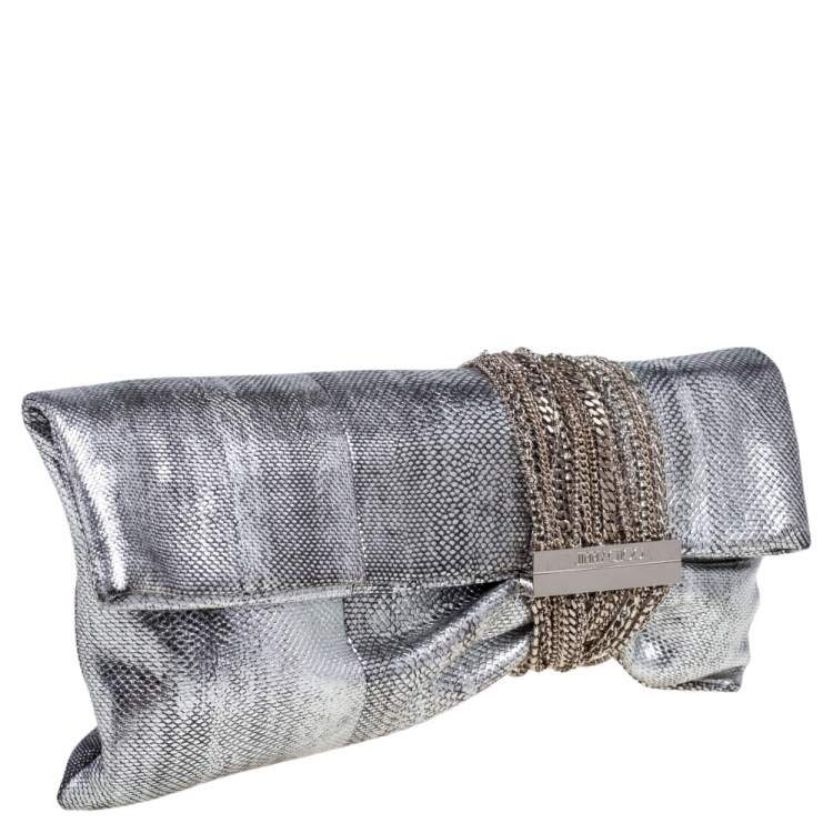 Pre Owned Jimmy Choo Silver Snakeskin Chandra Clutch