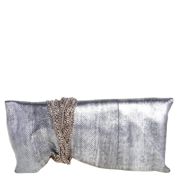 Pre Owned Jimmy Choo Silver Snakeskin Chandra Clutch