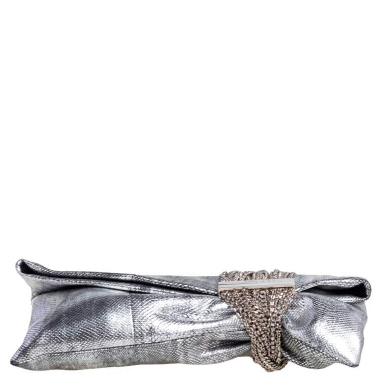 Pre Owned Jimmy Choo Silver Snakeskin Chandra Clutch
