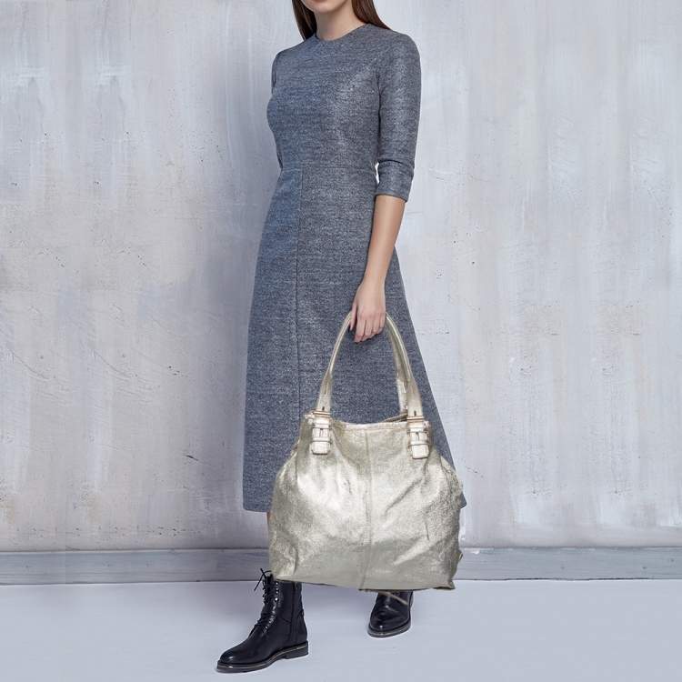 Pre Owned Jimmy Choo Gold Foil Leather Large Tote
