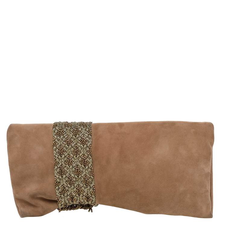 Pre Owned Jimmy Choo Beige Suede Chandra Clutch