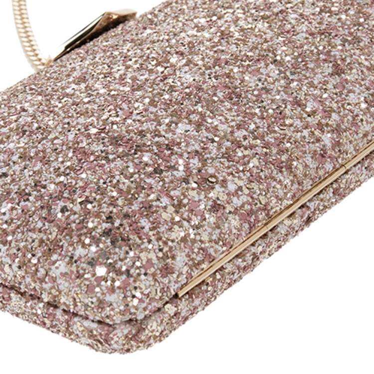 Pre Owned Jimmy Choo Gold/Pink Champagne Coarse Glitter Ellipse Chain Clutch 