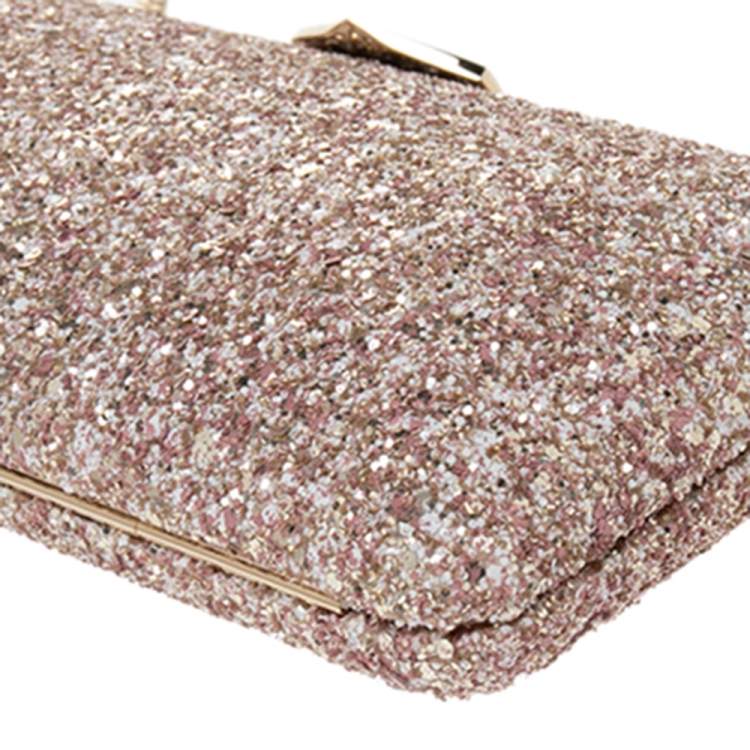Pre Owned Jimmy Choo Gold/Pink Champagne Coarse Glitter Ellipse Chain Clutch 