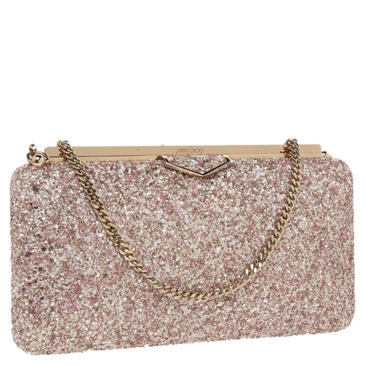 Pre Owned Jimmy Choo Gold/Pink Champagne Coarse Glitter Ellipse Chain Clutch 