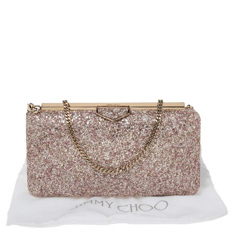 Pre Owned Jimmy Choo Gold/Pink Champagne Coarse Glitter Ellipse Chain Clutch 
