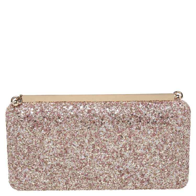 Pre Owned Jimmy Choo Gold/Pink Champagne Coarse Glitter Ellipse Chain Clutch 