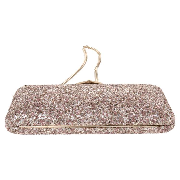 Pre Owned Jimmy Choo Gold/Pink Champagne Coarse Glitter Ellipse Chain Clutch 