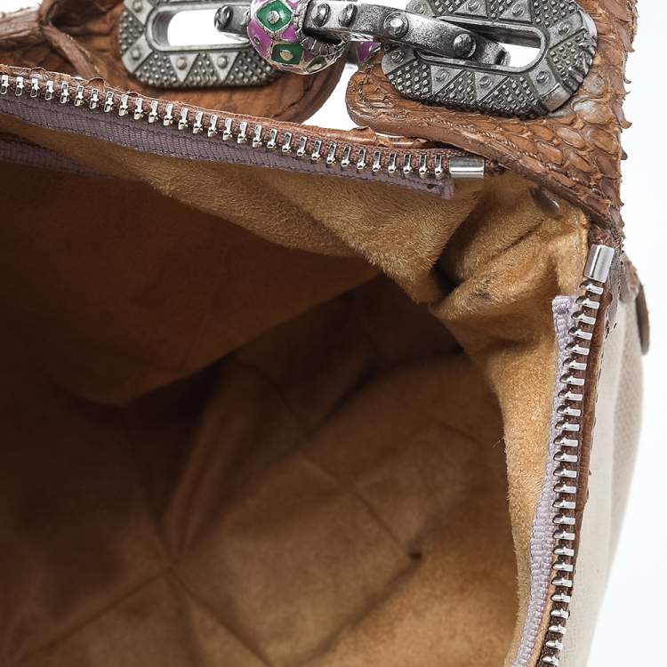 Pre Owned Jimmy Choo Beige/Brown Canvas And Python Leather Hobo