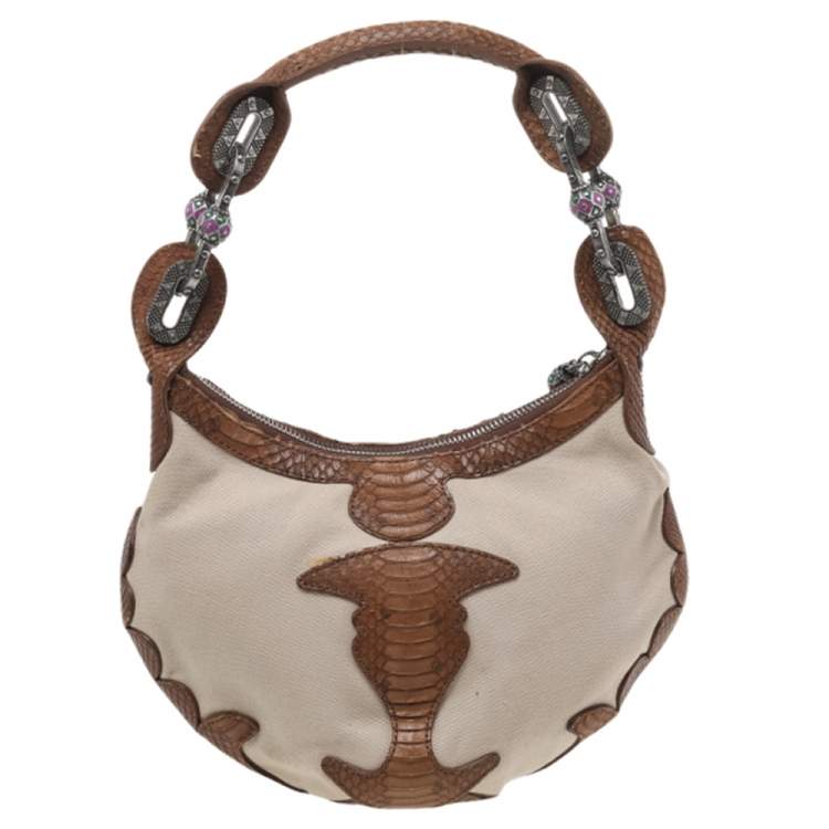 Pre Owned Jimmy Choo Beige/Brown Canvas And Python Leather Hobo