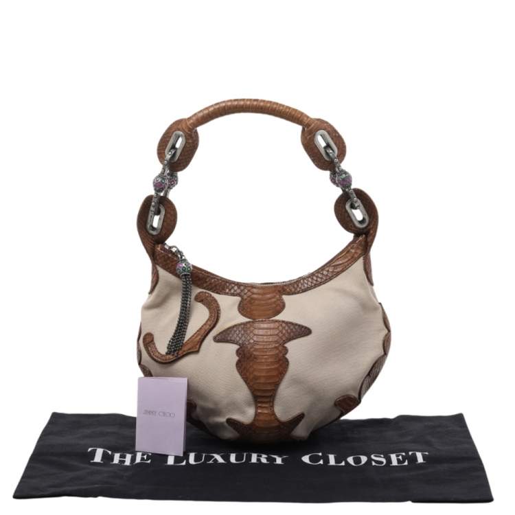Pre Owned Jimmy Choo Beige/Brown Canvas And Python Leather Hobo