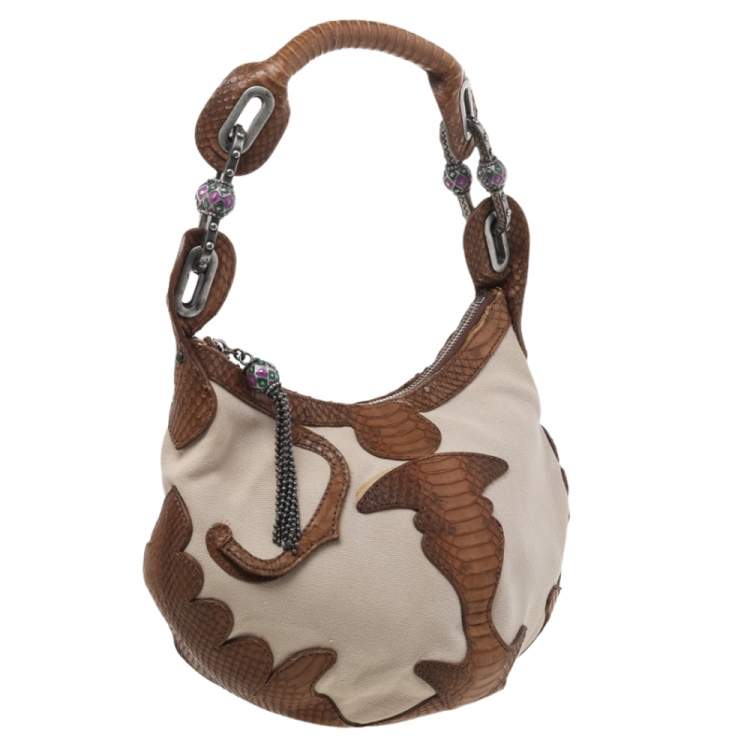 Pre Owned Jimmy Choo Beige/Brown Canvas And Python Leather Hobo