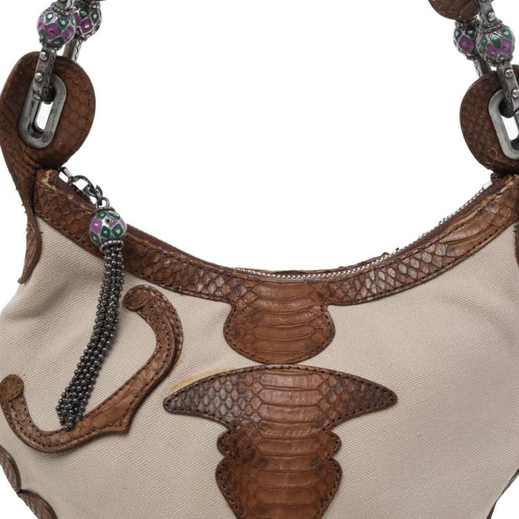 Pre Owned Jimmy Choo Beige/Brown Canvas And Python Leather Hobo